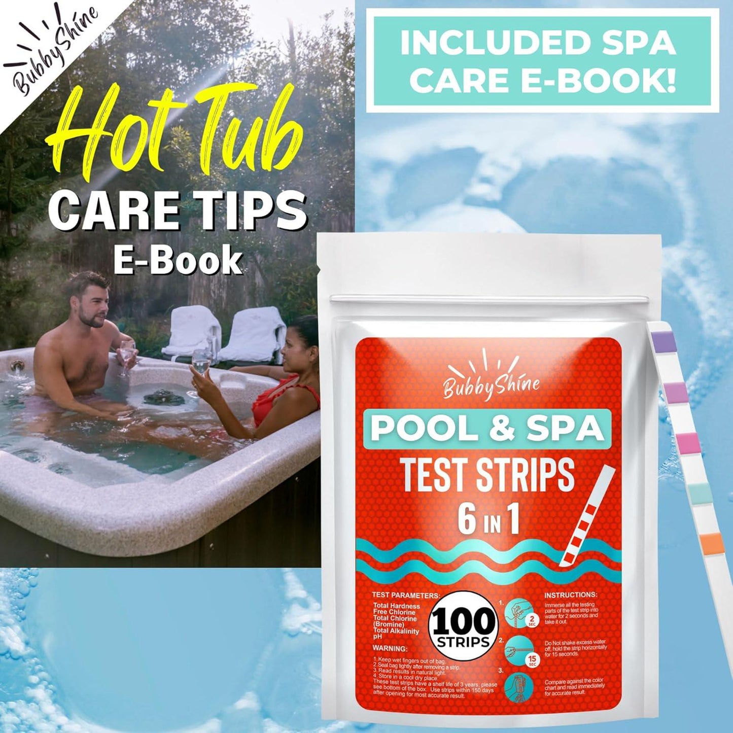 100 Pool Test Strips - Chemical Hot Tub Test Strips For Hot Tub Water, Pool And Spa Test Strips For Hot Tub Testing Strips, Pool Strips Test PH Strips, Chlorine, Bromine, Hardness, Alkalinity