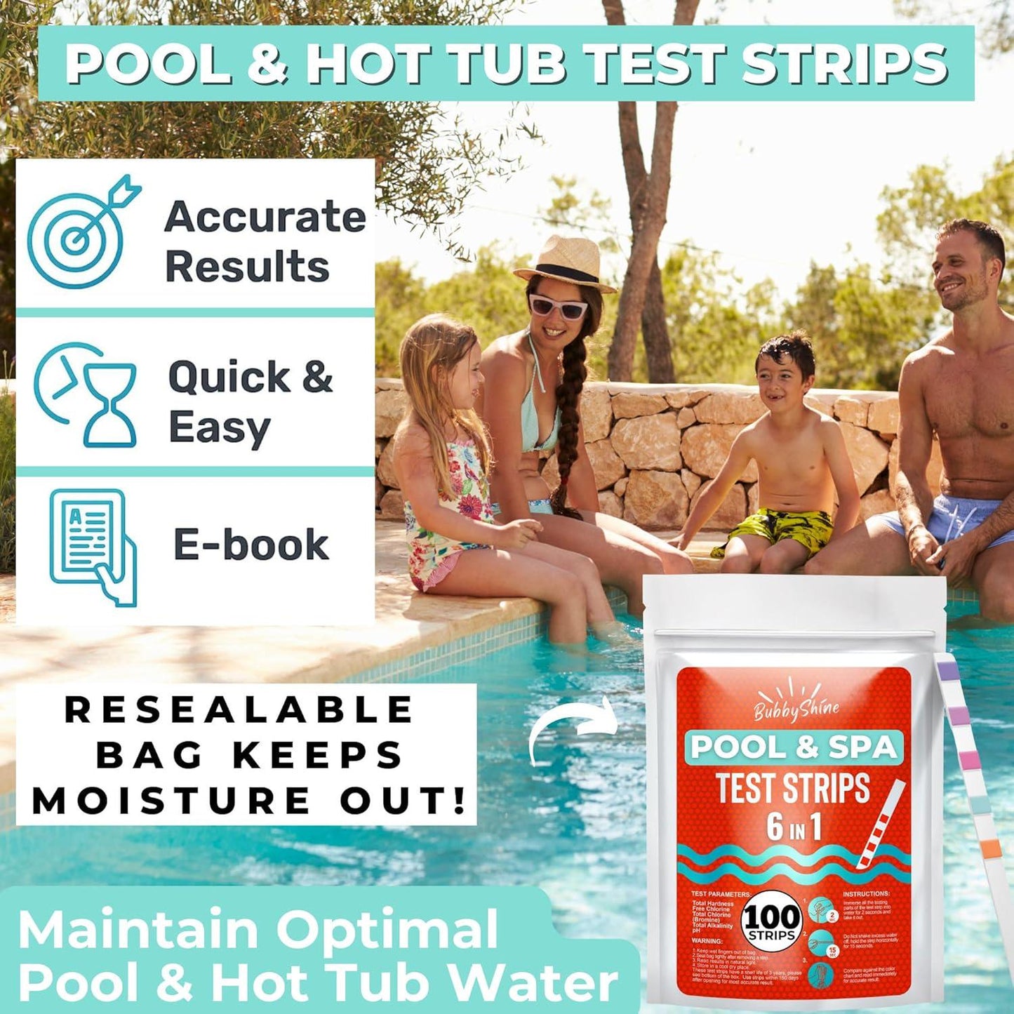 100 Pool Test Strips - Chemical Hot Tub Test Strips For Hot Tub Water, Pool And Spa Test Strips For Hot Tub Testing Strips, Pool Strips Test PH Strips, Chlorine, Bromine, Hardness, Alkalinity