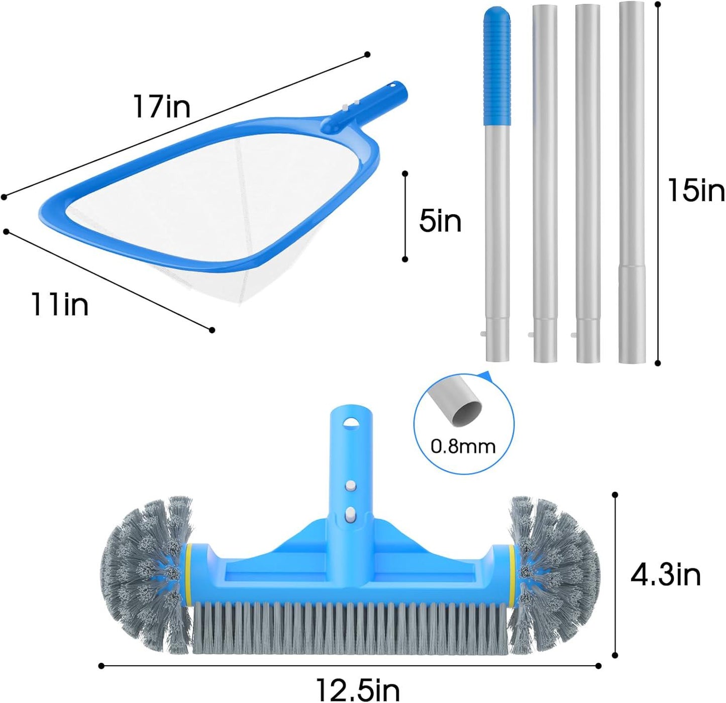 3PCS Pool Cleaning Kit - 12.5'' Pool Brush With Round End And 11'' Pool Skimmer Net Fine Mesh And 4.6 Feet Thick Aluminum Pole 4-Segment, For Above Ground And Inground Pools Ponds