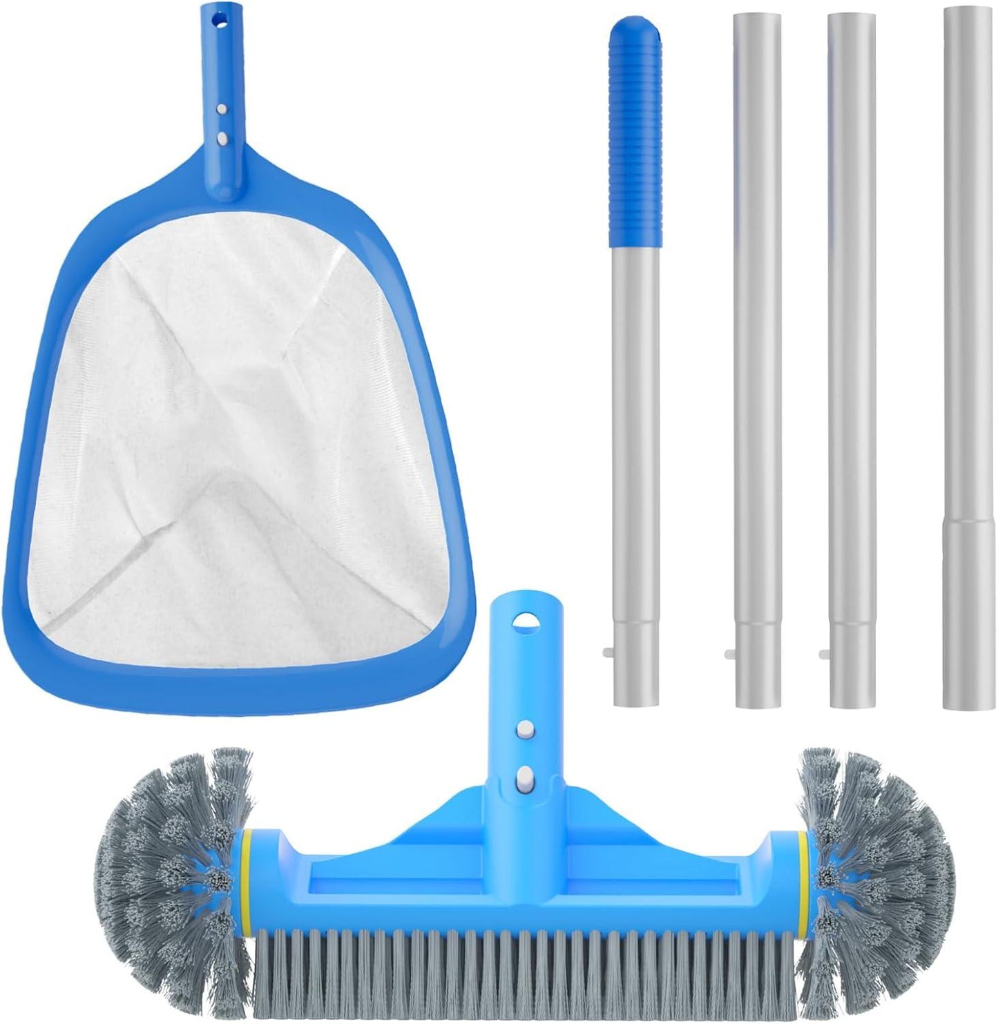 3PCS Pool Cleaning Kit - 12.5'' Pool Brush With Round End And 11'' Pool Skimmer Net Fine Mesh And 4.6 Feet Thick Aluminum Pole 4-Segment, For Above Ground And Inground Pools Ponds