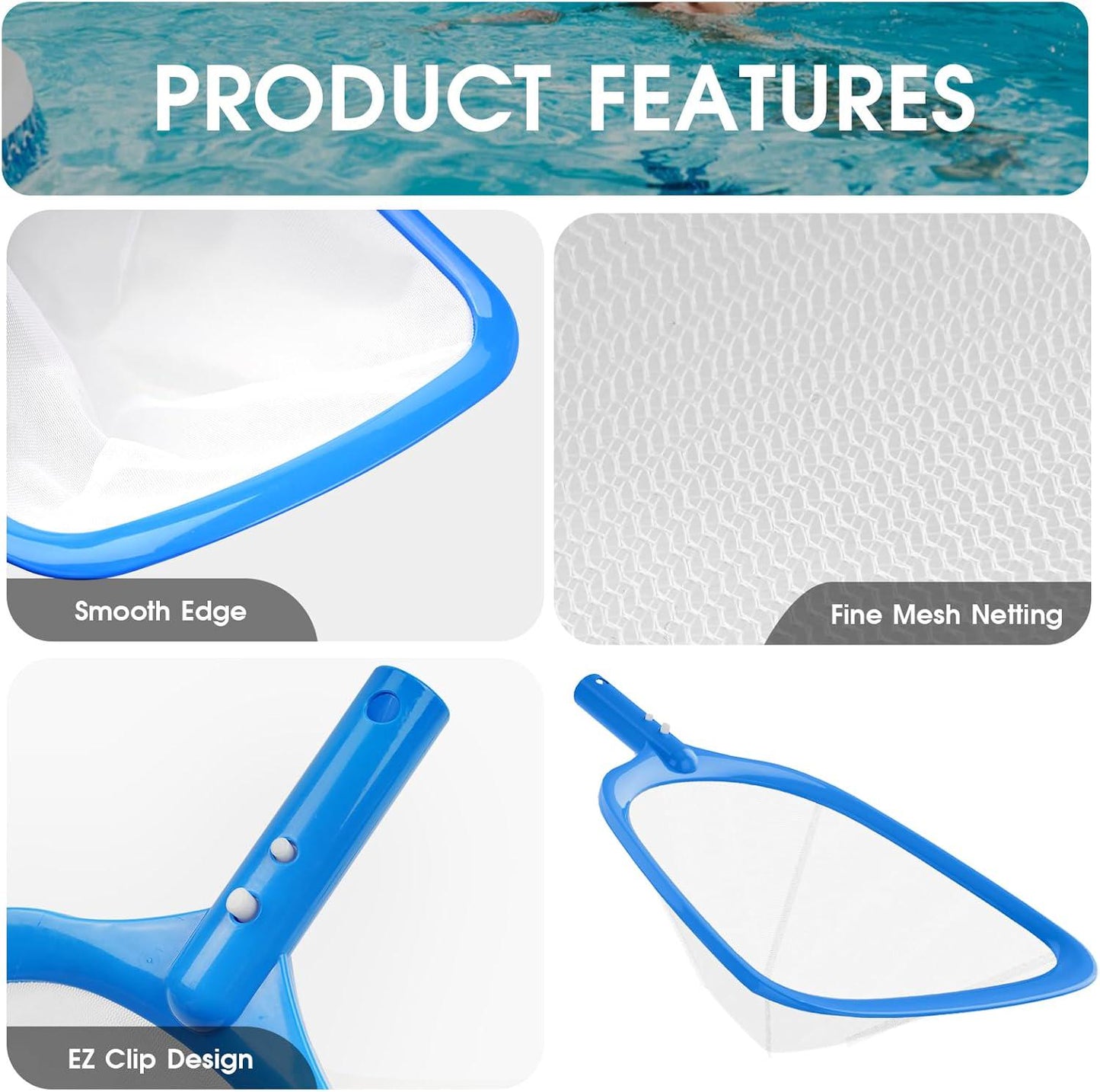 3PCS Pool Cleaning Kit - 12.5'' Pool Brush With Round End And 11'' Pool Skimmer Net Fine Mesh And 4.6 Feet Thick Aluminum Pole 4-Segment, For Above Ground And Inground Pools Ponds