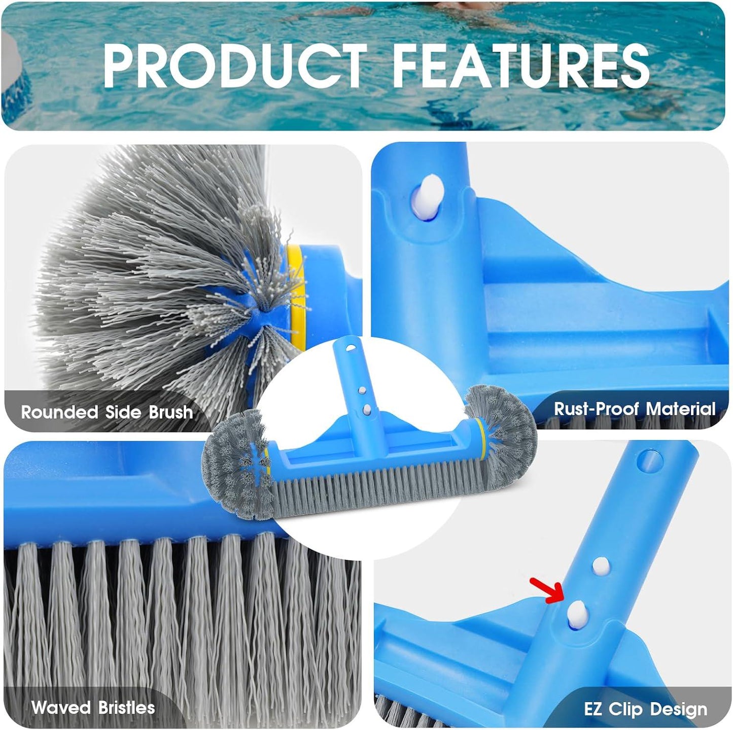 3PCS Pool Cleaning Kit - 12.5'' Pool Brush With Round End And 11'' Pool Skimmer Net Fine Mesh And 4.6 Feet Thick Aluminum Pole 4-Segment, For Above Ground And Inground Pools Ponds