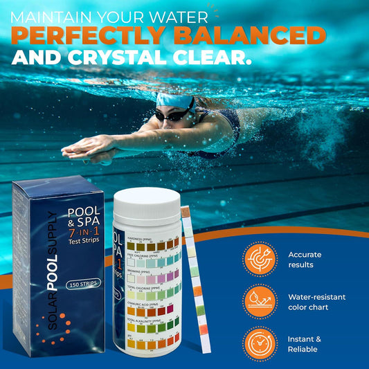 7-in-1 Pool Test Strips - 150 Pool Water Chemical Test Strips - Super Easy To Use - Results In Seconds - Great For Pools, Spas And More! Test PH, Chlorine, Alkalinity, Bromine, Hardness, Cyanuric Acid