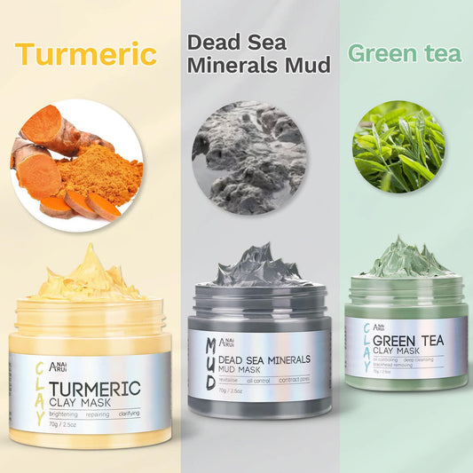 ANAI RUI Turmeric Clay Mask - Green Tea Clay Mask - Dead Sea Minerals Mud Mask, Spa Facial Mask Set, Face Mask Gift Set 2.5 Oz Each