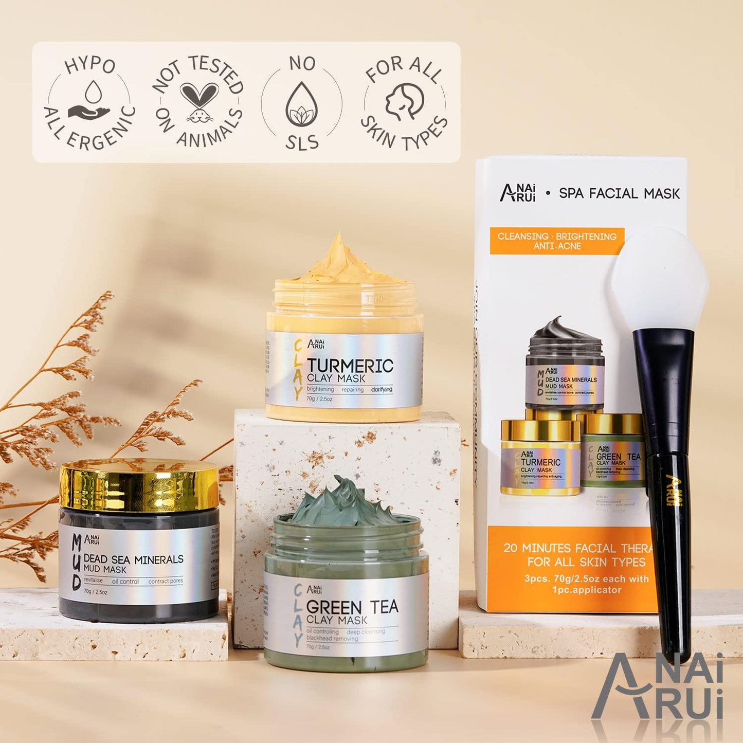 ANAI RUI Turmeric Clay Mask - Green Tea Clay Mask - Dead Sea Minerals Mud Mask, Spa Facial Mask Set, Face Mask Gift Set 2.5 Oz Each