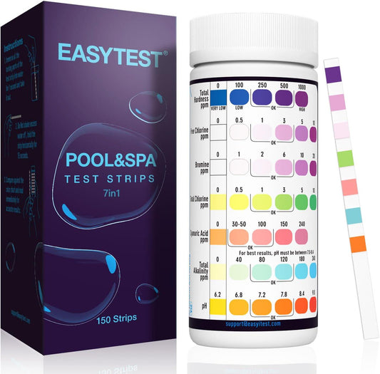 EASYTEST 7-Way Pool Test Strips, 150 Strips Water Chemical Testing For Hot Tub And Spa, Accurate Test Bromine, Total Alkalinity, PH, Free Chlorine, Total Hardness, Cyanuric Acid, And Total Chlorine