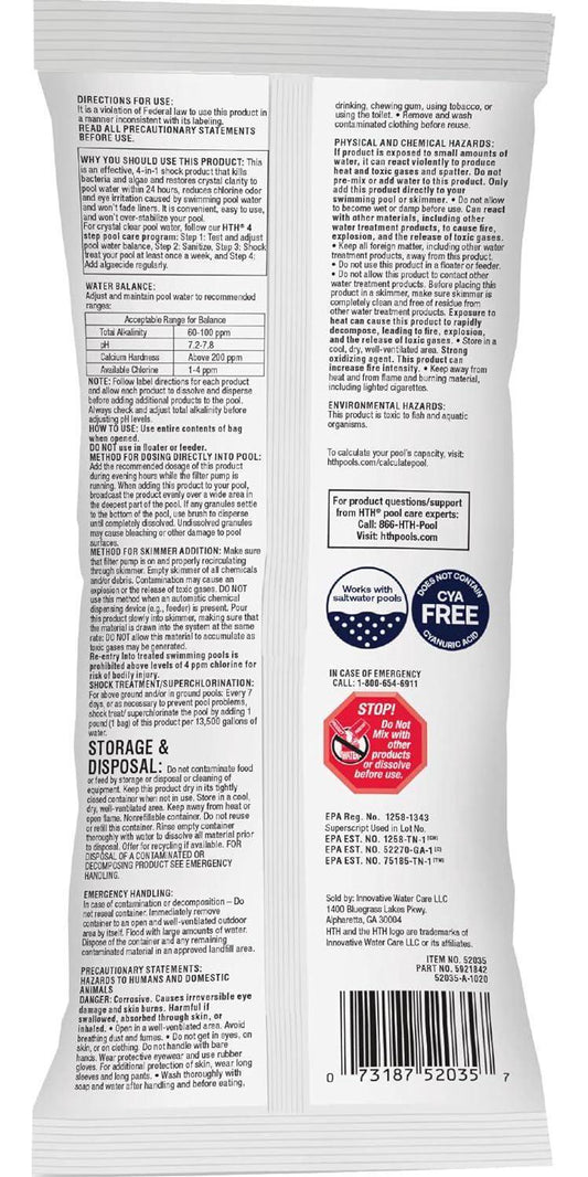 HTH 52035 Swimming Pool Care Shock Advanced, Swimming Pool Chemical, Cal Hypo Formula, 1lb