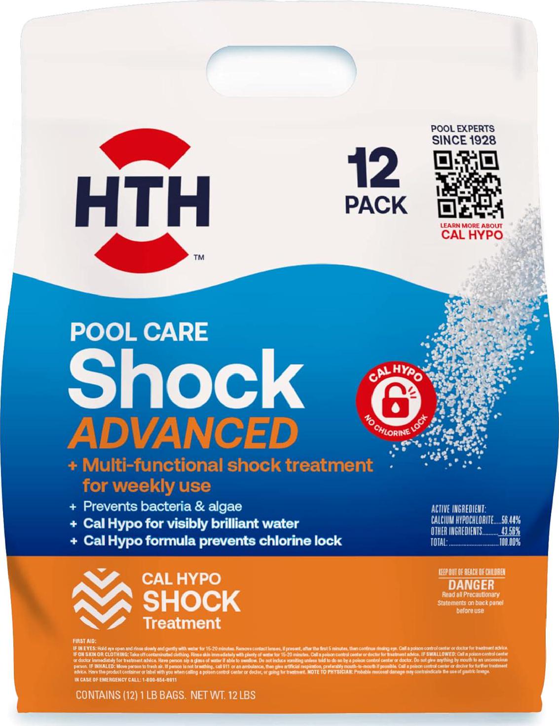 HTH 52037R Pool Care Shock Advanced, Swimming Pool Chemical - Cal Hypo Formula, Prevents Bacteria And Algae, Restores Crystal Clear Water - Shock Treatment, 1lb (12 Pack)