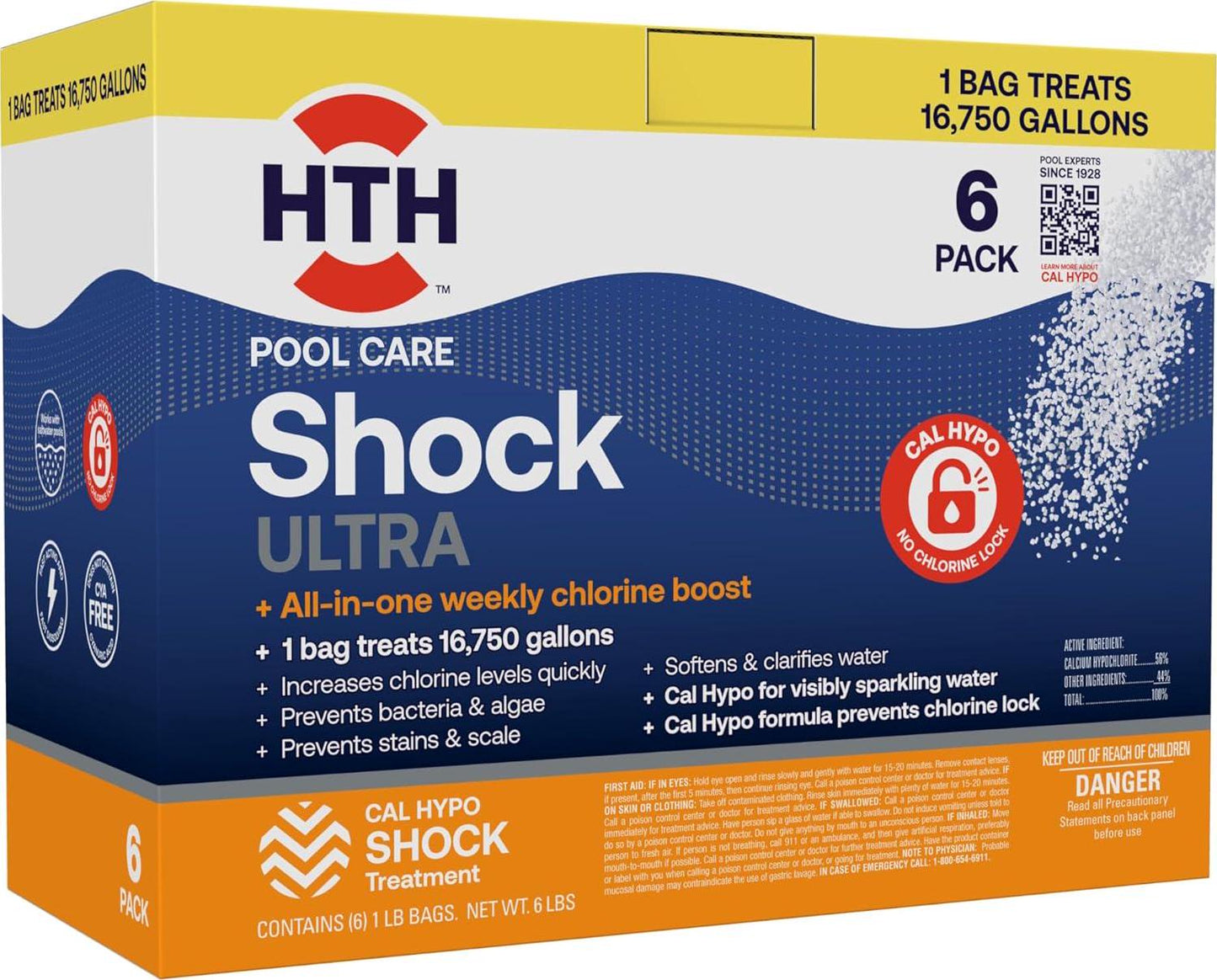 HTH 52040B Swimming Pool Care Shock Ultra, Swimming Pool Chemical, Cal Hypo Formula, 1lb (6 Pack)