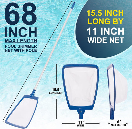 POOLAZA Pool Skimmer Net With Pole, Ultra Fine Mesh Pool Nets For Cleaning With Pole, Semi-deep Pool Net Skimmer With 68'' Thickened Aluminum Pole, Pool Leaf Net For Above Ground Pool, Spa And Hot Tub