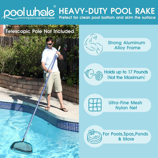 POOLWHALE Pool Skimmer Net Rake, Aluminum Frame Deep Nylon Net, Ultra Fine Mesh Pool Nets For Cleaning Leaves, Debris And Swimming Pools Skimming