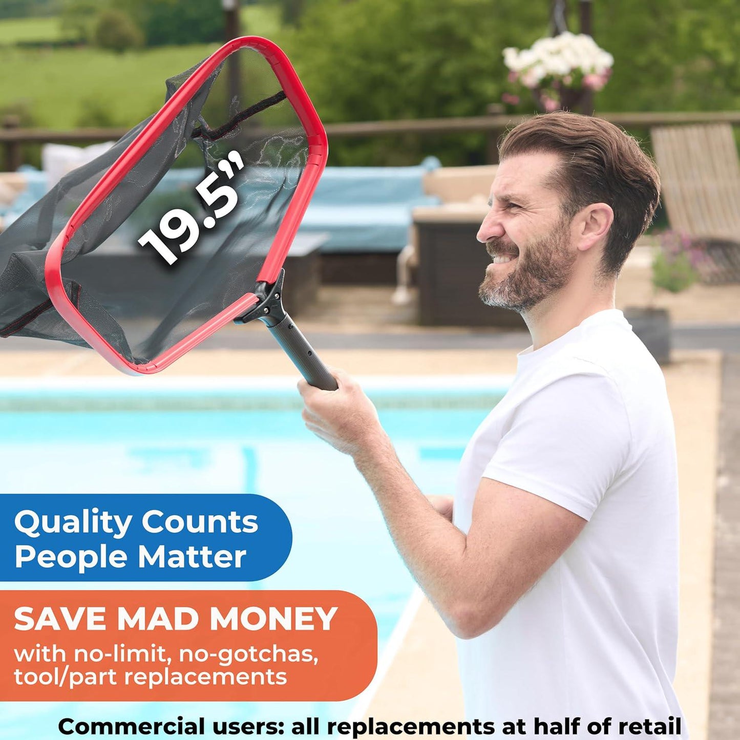 ProTuff Pool Skimmer Net 19 - Has Lifetime Replacement, Heavy Duty - Up To 45 Lb Capacity - Pool Nets For Cleaning: Pools/Hot Tubs/Ponds, Pool Skimmer Net Fits All Standard Poles - Pole NOT Included