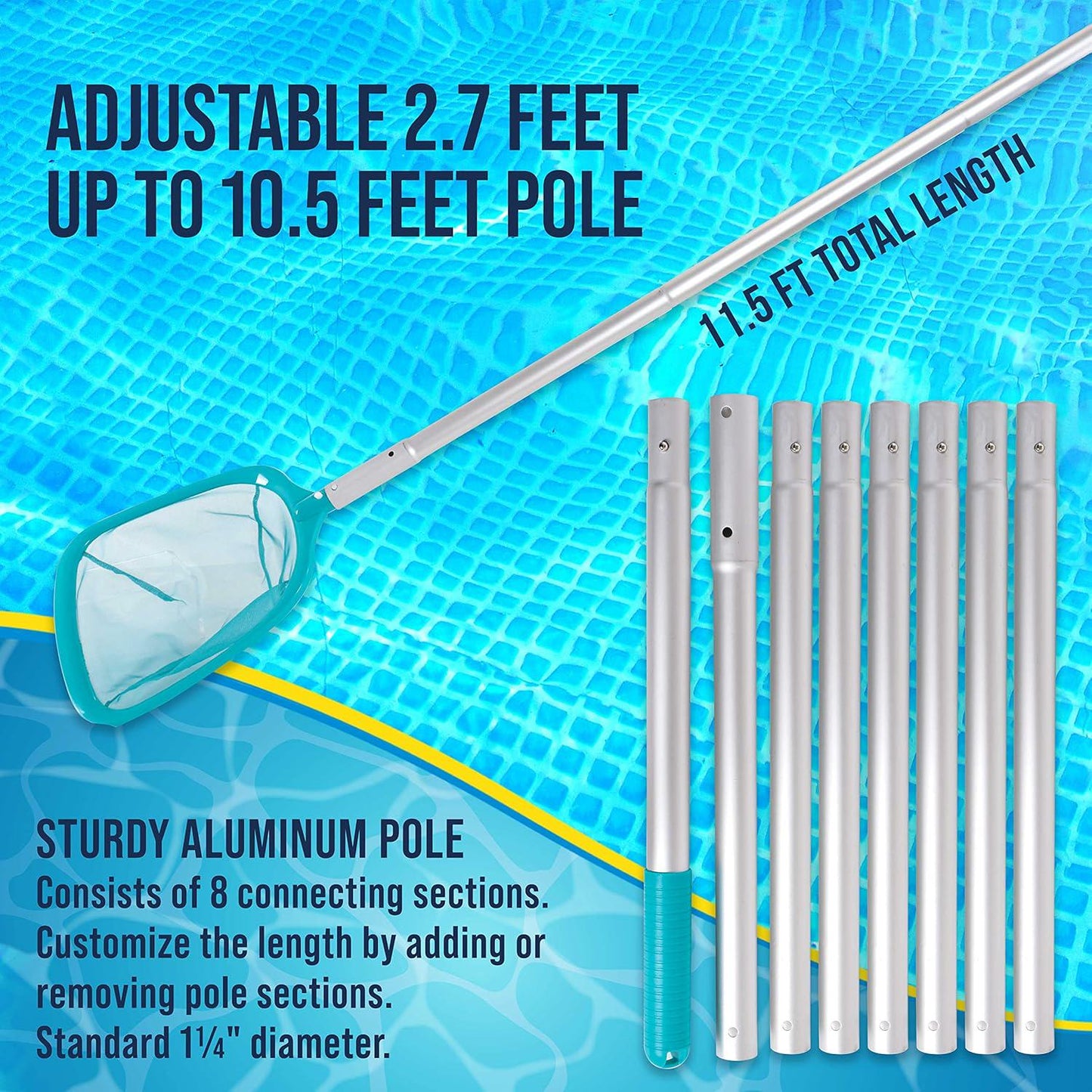 U.S. Pool Supply 11.5 Foot Swimming Pool Leaf Skimmer Net With Telescopic Aluminum Pole, 8 Sections - 6 Deep Ultra Fine Mesh Netting Basket, Remove Finest Debris, Adjustable Length, Clean Spas, Ponds