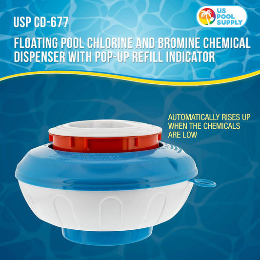 U.S. Pool Supply Floating Pool Chlorine And Bromine Chemical Dispenser With Pop-Up Refill Indicator - Holds 3 And 4 Tablets, 8 Diameter - Adjustable Balanced Chemical Delivery Clorinator Floater