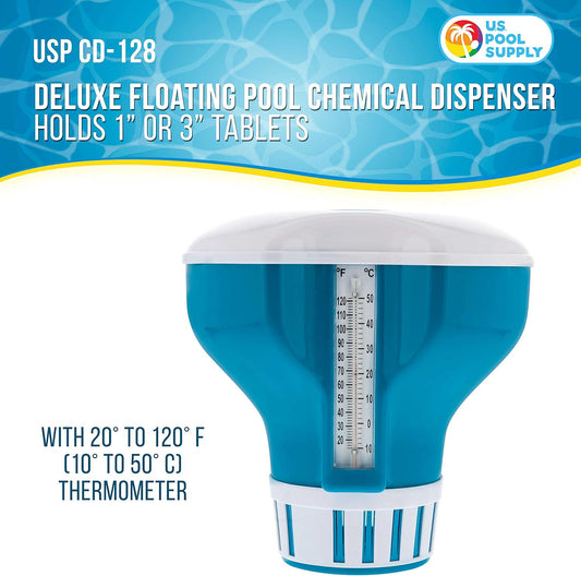 U.S. Pool Supply Large Pool Floating Chlorine Chemical Dispenser With 120° F Thermometer, 7 Diameter - Holds 3 Tablets - Adjustable Chemical Delivery Pool Maintenance Floater - Spa, Hot Tub