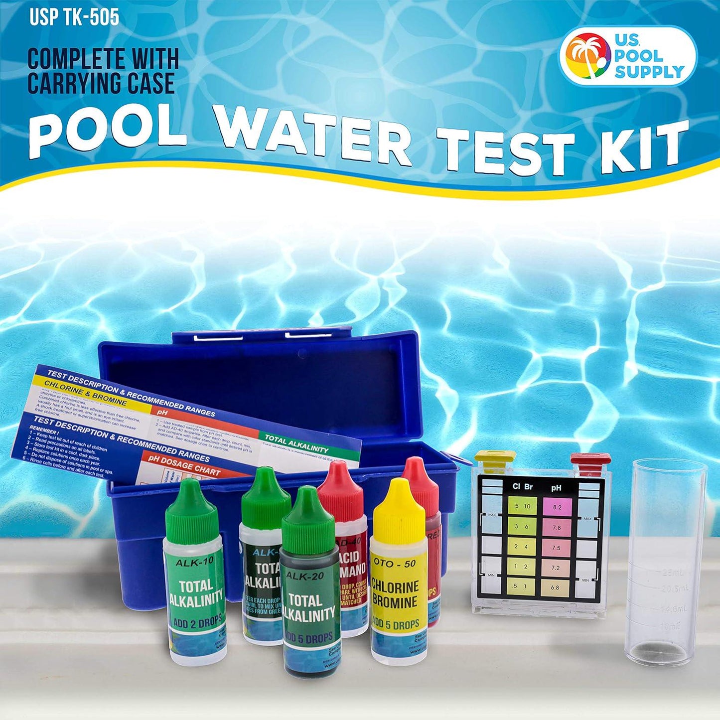 U.S. Pool Supply Premium 5-Way Swimming Pool And Spa Test Kit - Tests Water For PH, Chlorine, Bromine, Alkalinity And Acid Demand - Maintain Properly Balanced Chemical Levels, Algae Sanitizer Indicator