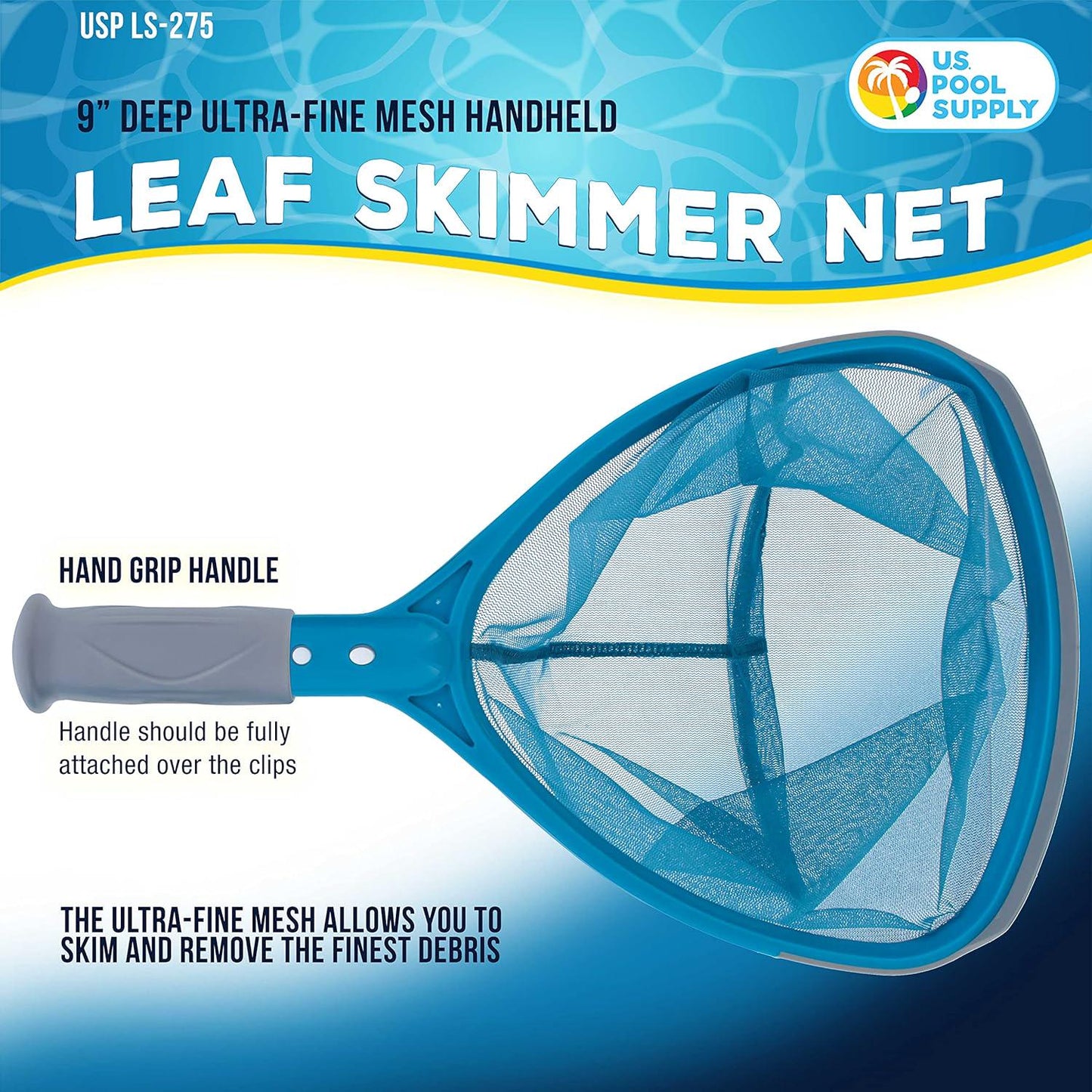 U.S. Pool Supply Professional Spa, Hot Tub, Pool Hand Leaf Skimmer Net With Grip Handle - 9 Deep Ultra Fine Mesh Netting Bag Basket, Skim And Remove The Finest Debris - Pond, Small Kid Inflatable Pool