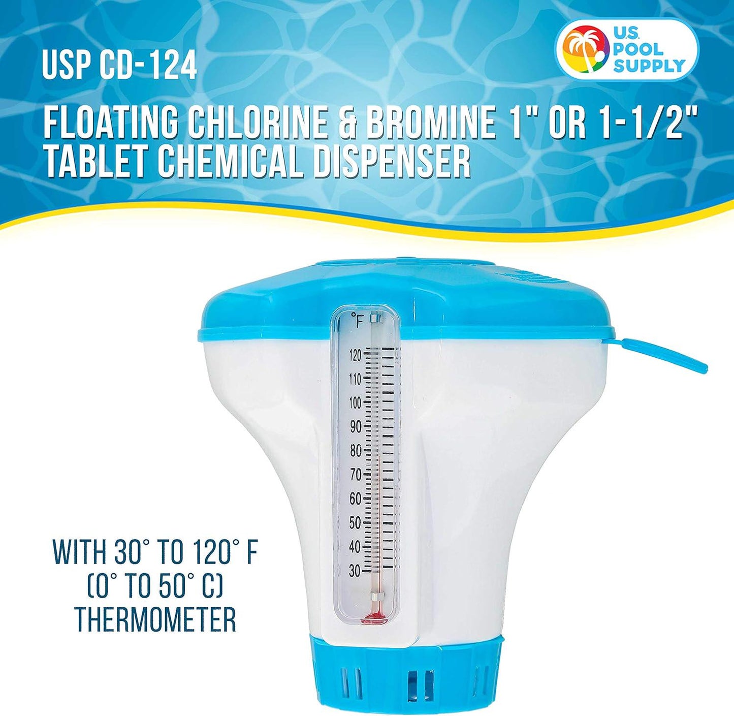 U.S. Pool Supply Spa, Hot Tub, Small Pool, 4-1/2 Diameter Floating Chlorine And Bromine Chemical Dispenser With 120° F Thermometer, Holds 1 Or 1-1/2 Tablets - Adjustable Chemical Delivery