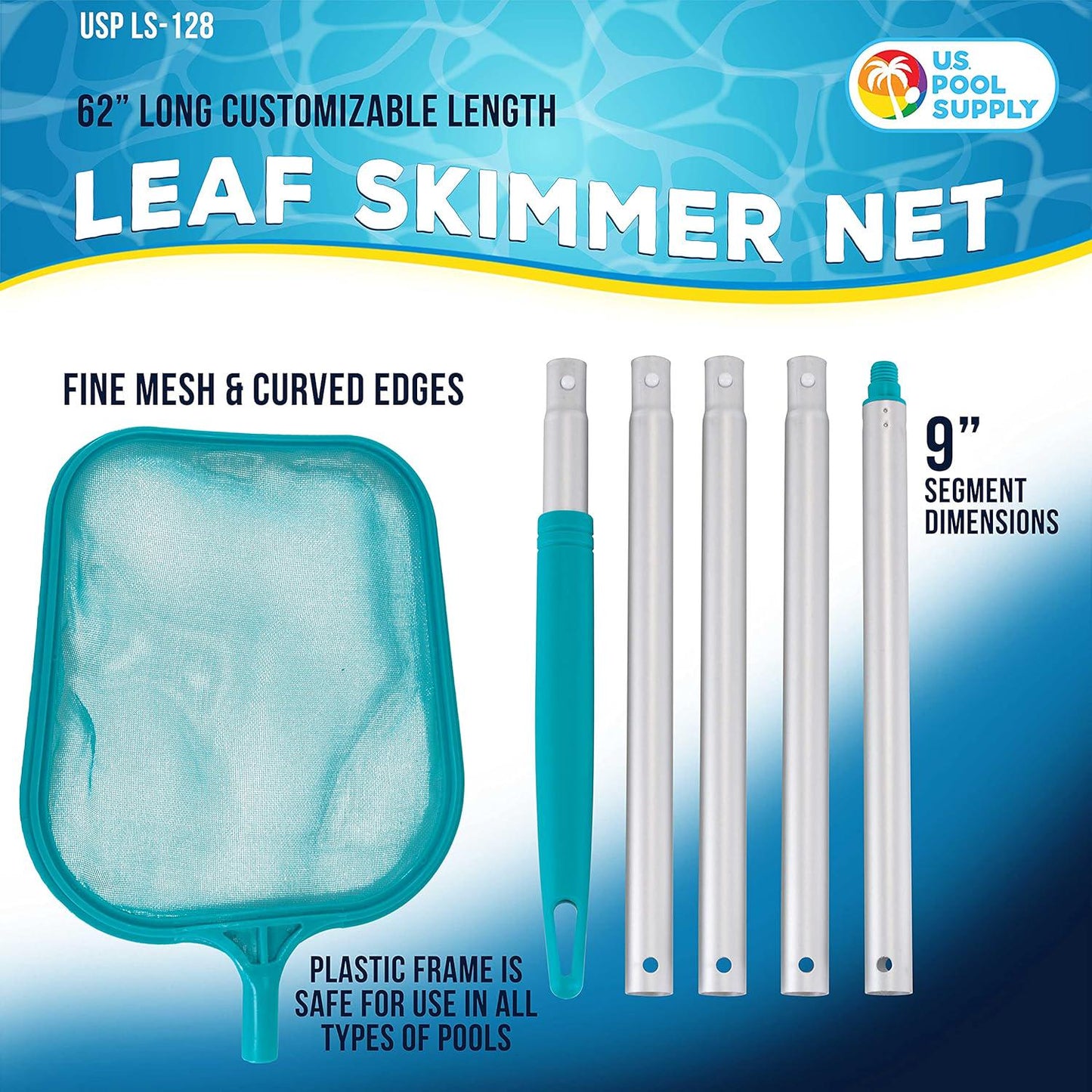 U.S. Pool Supply Swimming Pool 4 Foot Leaf Skimmer Net With 4 Connecting Aluminum Pole Sections - Fine Mesh Netting For Fast Cleaning Of Debris - Clean Spas And Ponds