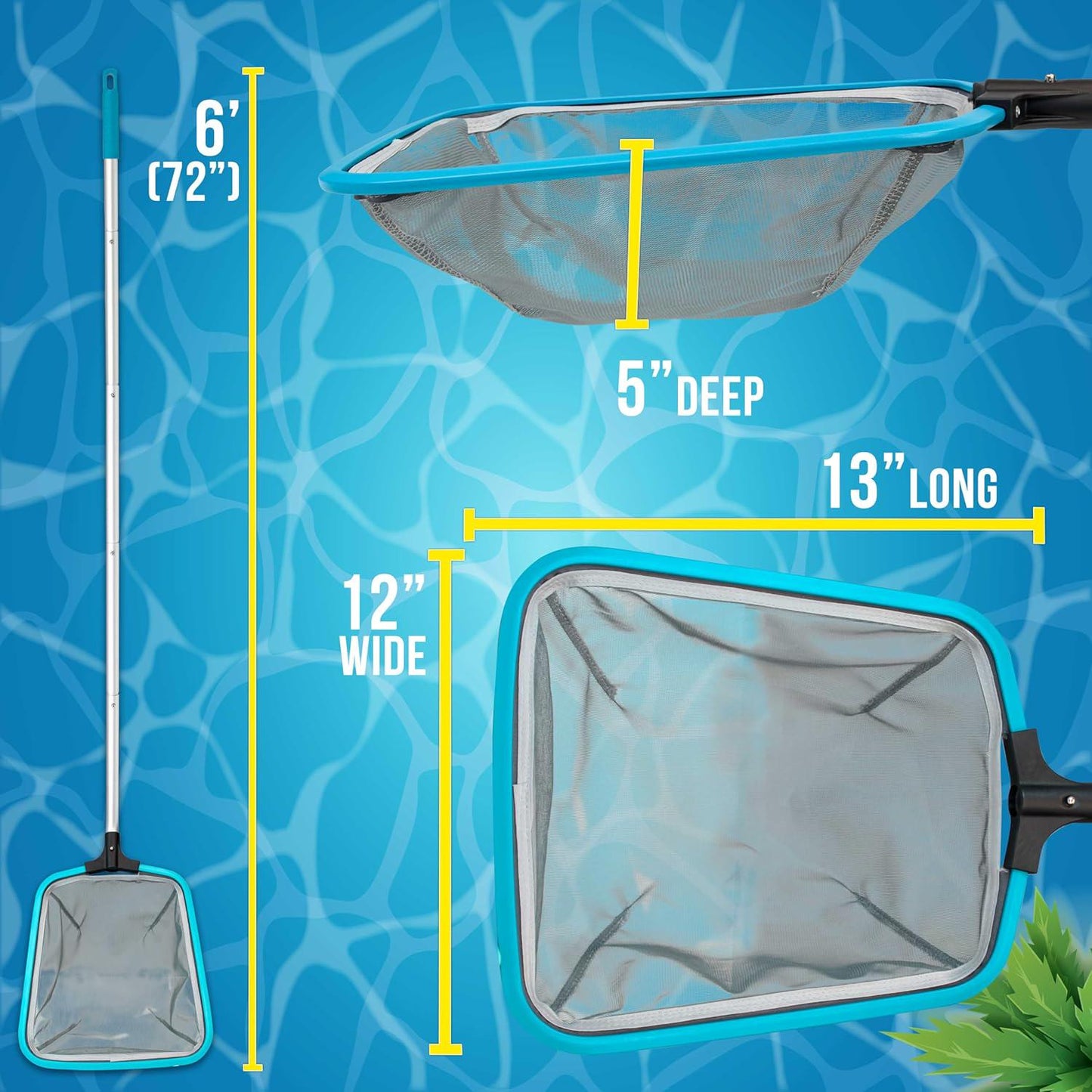 U.S. Pool Supply Swimming Pool 6-Foot Long Leaf Skimmer Net With 13 Aluminum Frame And Pole Sections - 5 Deep Ultra Fine Mesh Netting Bag Basket For Fast Cleaning Of The Finest Debris, Clean Spas Pond