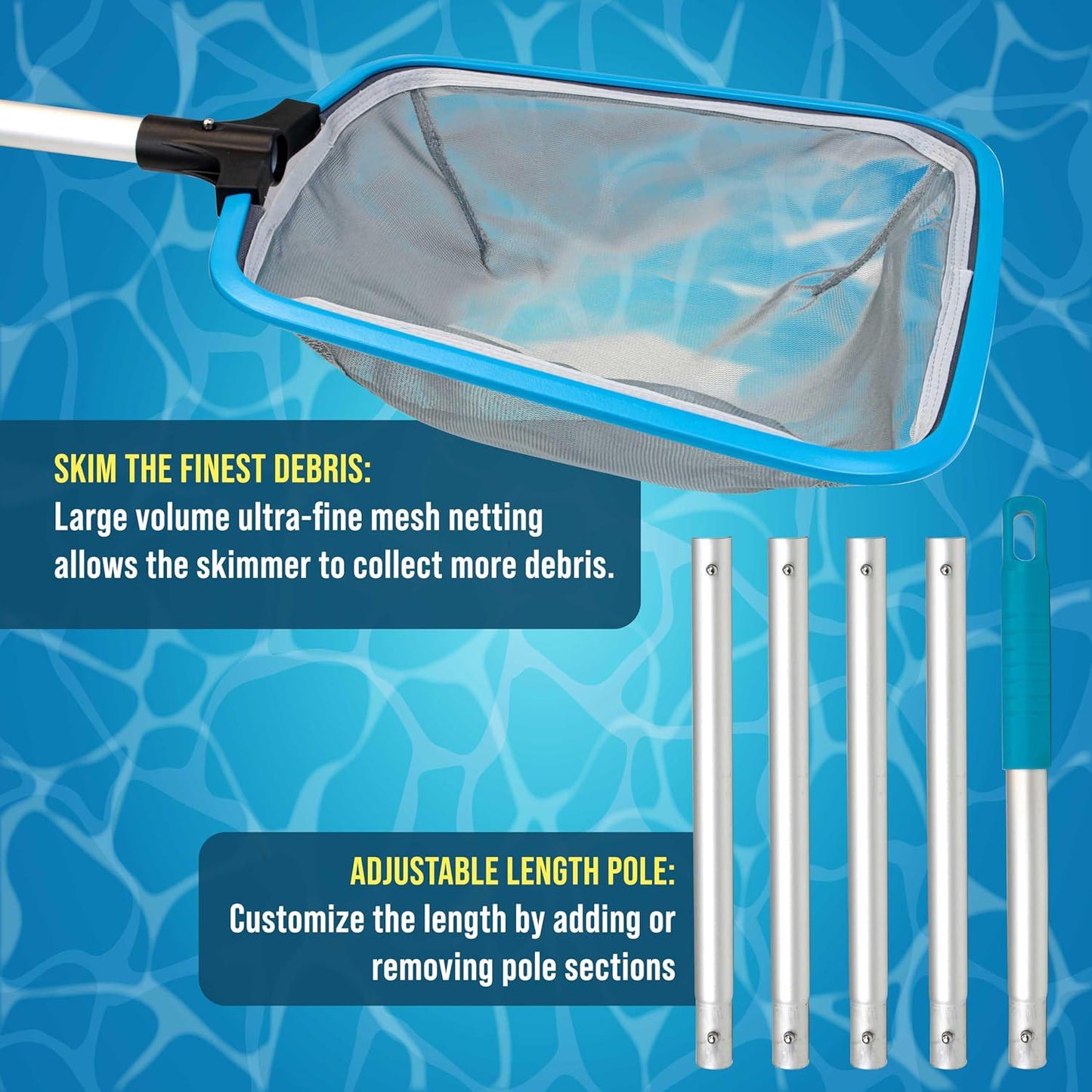 U.S. Pool Supply Swimming Pool 6-Foot Long Leaf Skimmer Net With 13 Aluminum Frame And Pole Sections - 5 Deep Ultra Fine Mesh Netting Bag Basket For Fast Cleaning Of The Finest Debris, Clean Spas Pond