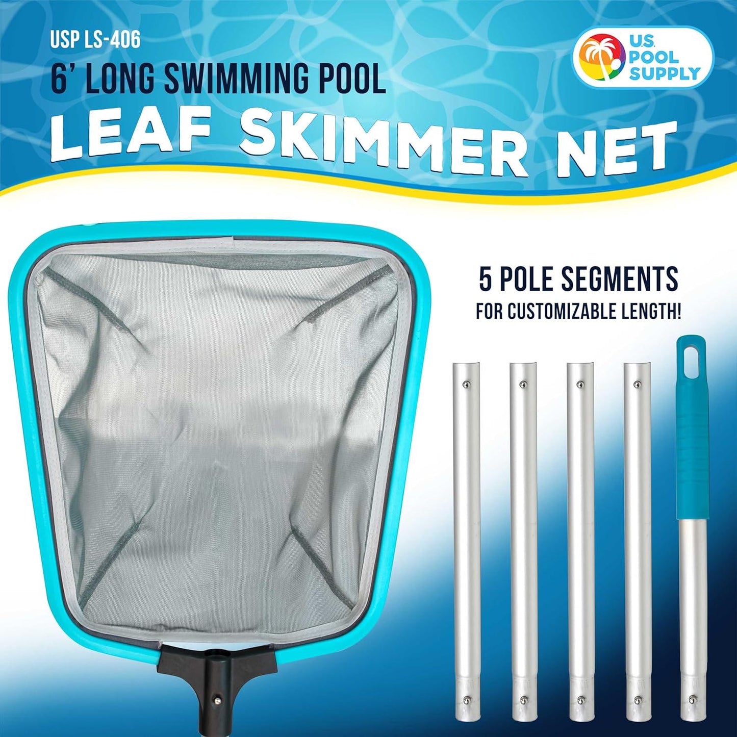 U.S. Pool Supply Swimming Pool 6-Foot Long Leaf Skimmer Net With 13 Aluminum Frame And Pole Sections - 5 Deep Ultra Fine Mesh Netting Bag Basket For Fast Cleaning Of The Finest Debris, Clean Spas Pond