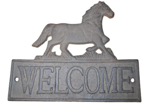 Cast Iron HORSE WELCOME Cowboy Plaque Sign Rustic Ranch Wall Decor PONY