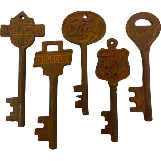 Automotive Antiqued Cast Iron Key Set (5), Ford, HD, Chevrolet, Route 66, Texaco